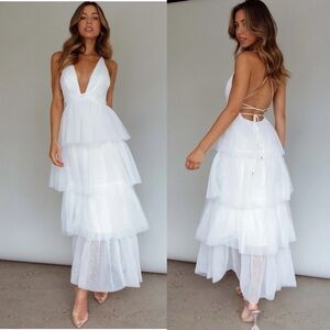 Selfie Leslie Auguste Tiered Frill Midi Dress XS White Mesh Plunge Fairy Bride